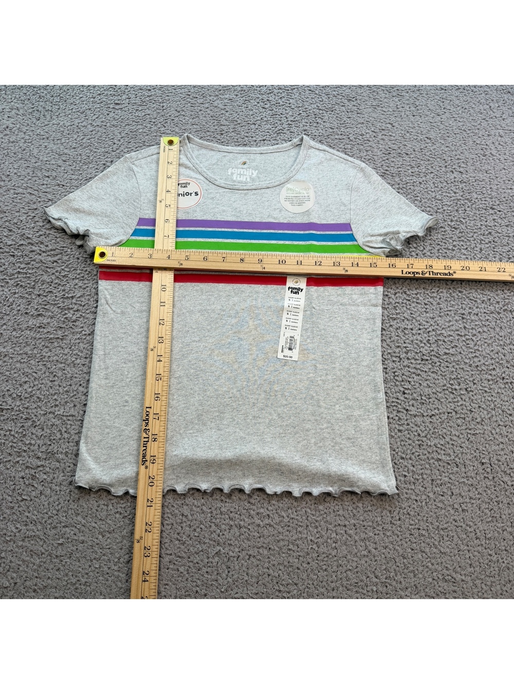 NWT Family Fun Rainbow Stripe Ringer T-Shirt Gray Junior S Lettuce Hem Pride Tee - Picture 3 of 6
